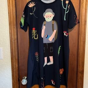 Unique A-Line Scandinavian dress. Cottage-core. Mushroom,flowers & hiker. Rayon.